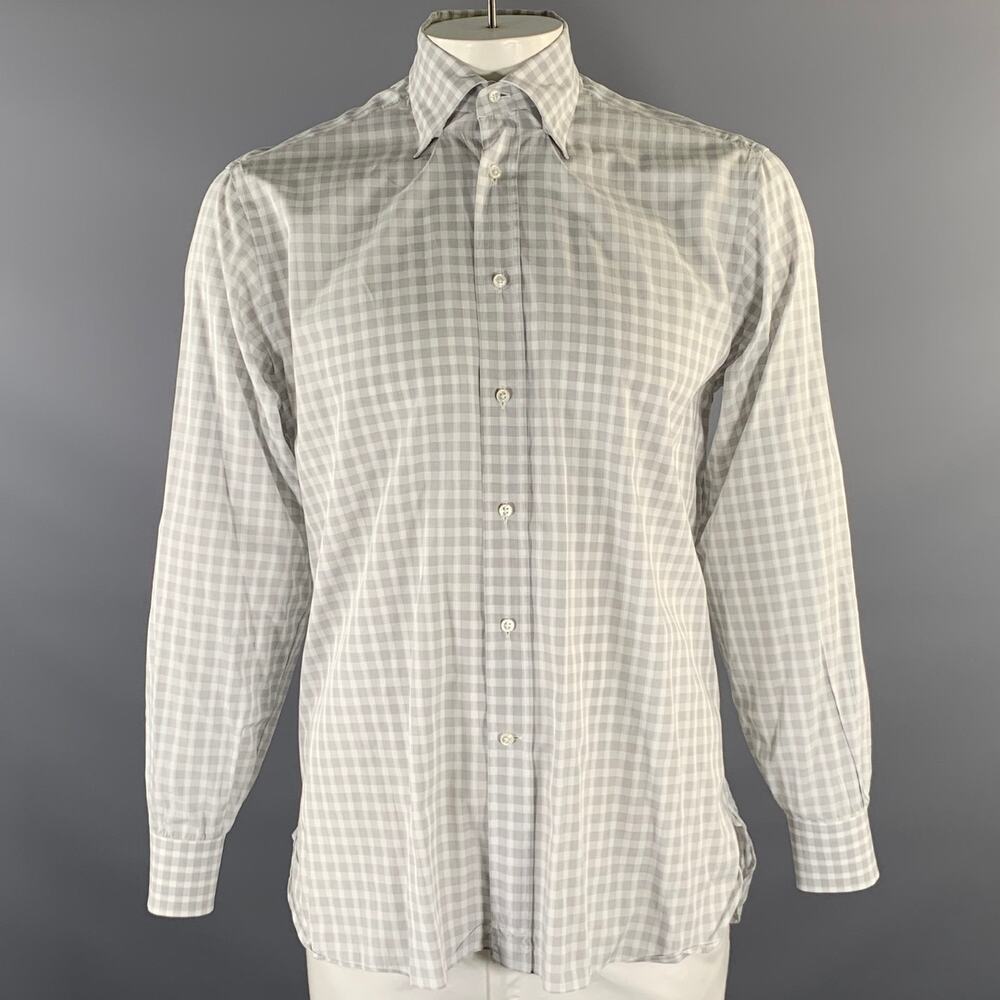 LORENZINI Size XL White Grey Gingham Cotton Button Down Long Sleeve Shirt